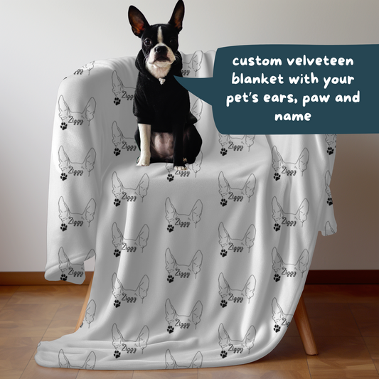 Custom Plush Blanket with Ears, Paw, and Name – White