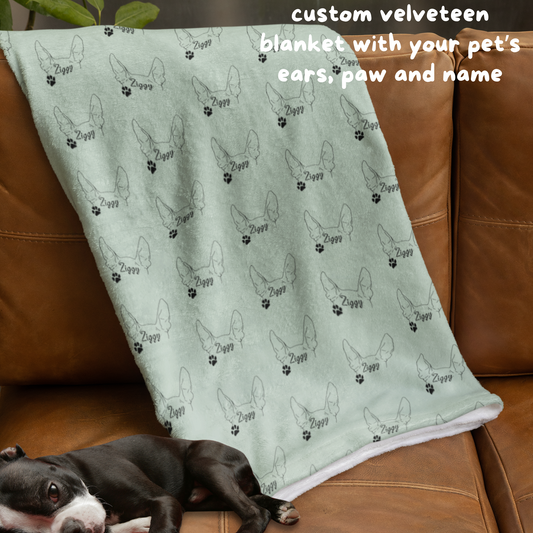 Custom Plush Blanket with Digital Print of Pet Ears, Paw, and Name – Ash Green