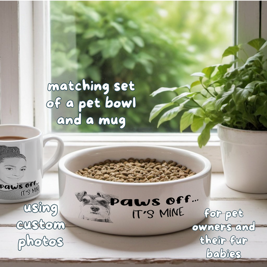 Ensemble personnalisé d'un bol en céramique pour animaux de compagnie avec une tasse assortie utilisant votre photo